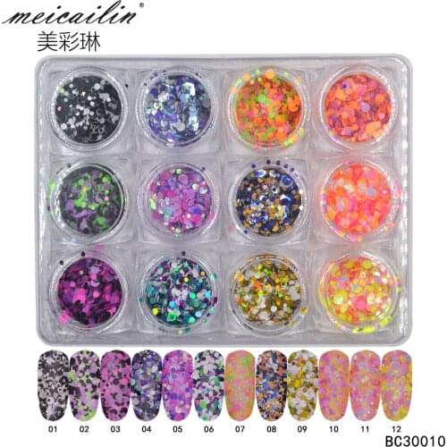 Meicailin 12 colors Plastic Nail Art Glitter Powder Color Mixed Round Nail Glitter Sequins Women Beauty Salon Manicure Tools