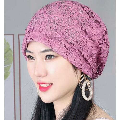 Fashion Women Embroidery Lace Turban Hat Muslim Headwrap Cap Rhinestones Bonnet Hijab Femme Musulman Ready to Wear Inner Hijabs