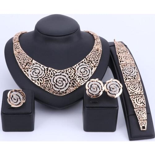 Rose Designed Bridal Jewelry Sets for Women Wedding Party Charm Statement Necklace Earrings Bracelet Ring Set 2 Color