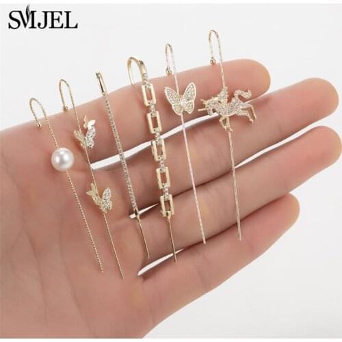 New Ear Needle Wrap Crawler Hook Earring for Women 2020 Surround Auricle Diagonal Stud Copper Inlaid Zircon Piercing Earings 1PC
