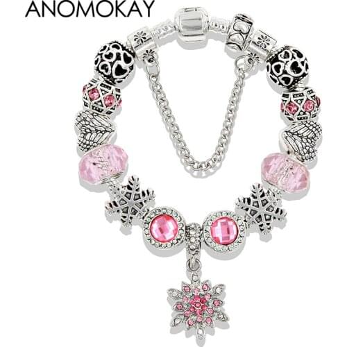 New Design Blue Pink Snowflake Crystal Charm Bracelet Silver Color Bead Bracelet & Bangle for Women Child Girlfriend Gift Hot