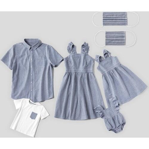 Family Matching Clothes Men Short T-shirt Women Kids Long Dresses Sleeveless Denim Blue Baby Crawling Suit Summer Clothing Set