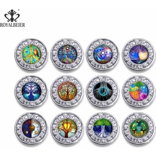 RoyalBeier 12pcs/lot 18mm Tree of Life Pattern Rhinestone Snap Button Wedding Decoration Accessories For Snap Jewelry KZ1005