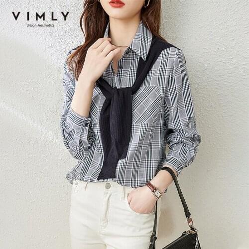 VIMLY Plaid Shirts For Women Fashion Detachable Sweater Shawl Blouse Elegant Office Lady Blusas Female Tops F6231