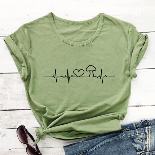 Mushroom Heartbeat Line Print 100%Cotton Women Tshirt Nature Shirt New Arrvial Summer Casual Short Sleeve Top Eco Life Tee