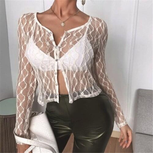Women Sexy Solid Color Lace Crop Tops Fashion Cardigan Summer T Shirt Ladies See-through Long Sleeve Round Neck Button Down