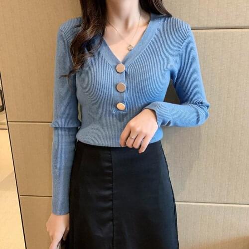 Women Spring Winter Style Knitted Sweater Pullovers Lady Casual Solid Color V-Neck Long Sleeve Pullovers Tops ZZ0051
