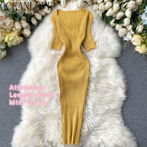 OCEANLOVE V Neck Knitted Women Dress Solid Short Sleeve Sexy Vestidos Stretch High Waist Vintage Summer 2020 Bodycon Dress 15890