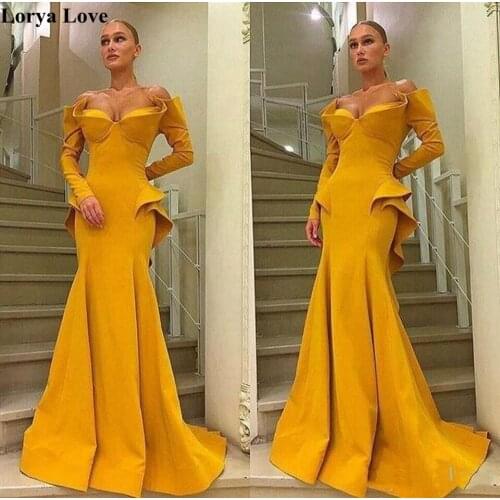 Gold Elegant Mermaid Formal Party Evening Dresse 2020 Off The Shoulder Robe De Soiree Long Sleeves Prom Gowns Women Long Dress