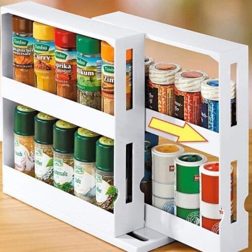 2 Layer Storage Kitchen Rotating Organize Spices Jar Bottle Storage Rack Kitchen Bottle Storage Organizer Shelves Slide Cabinet