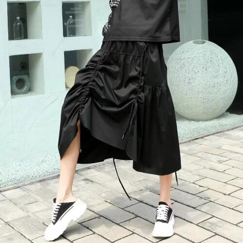 210543 Irregular Folds Lace Up Skirt Women High Waist A-line Midi-Calf Solid Color 2021 Summer Korean Fashion New Skirt