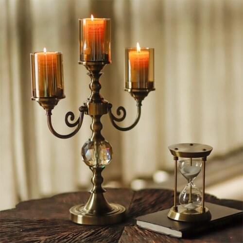 American classical metal glass three candlestick European model room retro living room decoration