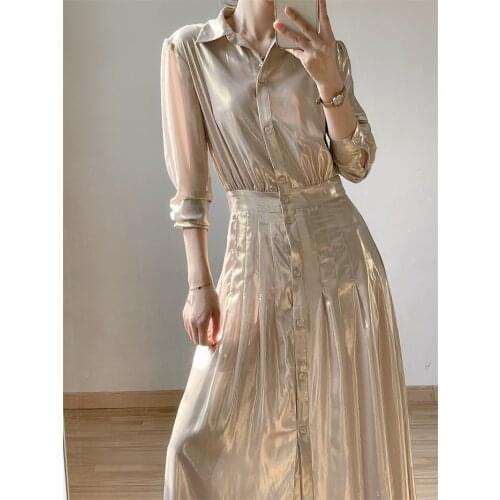 Glam Gloss Shiny Foil Goilding Champagne Metallic Midi Shift Shirtdress Elegant Long Sleeve Buttonned Ruched Date Occasion Gown