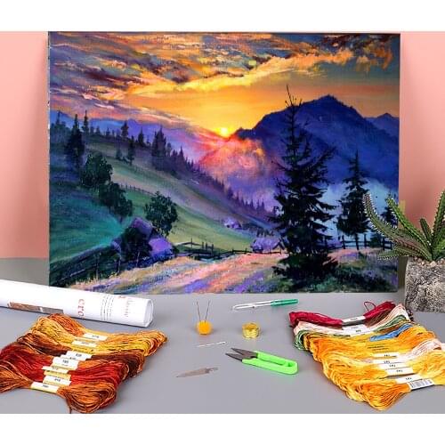 Landscape Evening Printed Water-Soluble Canvas 11CT Cross Stitch Kit DIY Embroidery DMC Threads Handiwork Hobby Promotions