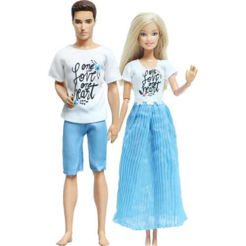 Mix 2 Pcs /Set Blue Couple Doll Dress Daily Casual Wear Summer Clothes for Barbie Doll for Ken Doll Accessories Baby Girl Toys