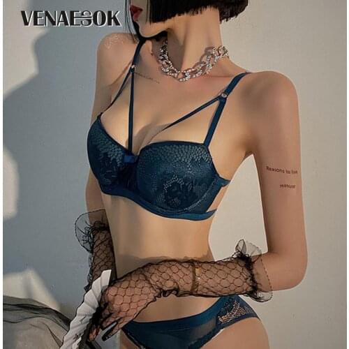 New Classic Black Bandage Bras Panties Set Women Lingerie Embroidery Lace Brassiere Thick Push up Bra Cotton Sexy Underwear Set