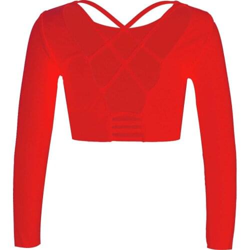 Kids Teens Criss Cross Back Long Sleeve Crop Top for Girls Ballet Jazz Dance Stage Performance Workout Gymnastics Dance Wear