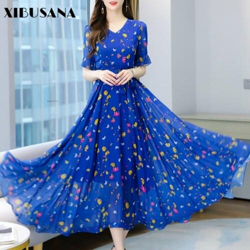 Summer Holiday Long Dress Women Short Sleeve V-Neck Lace Up High Waist Flare Sleeve Chiffon Dress Female Plus Size 4XL Vestidos