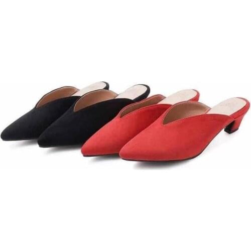 Summer New Pointed Red Low-cut Mid-heel Solid Color Adult Thick Heel Empty Red Baotou Casual Womens Shoes35-45