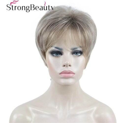 StrongBeauty Short Layered Brown Blonde Wigs Synthetic Women Wig Straight Shag Classic Cap Hair
