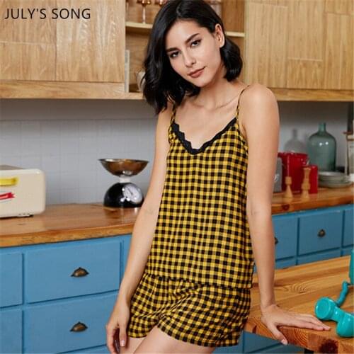 JULYS SONG Sling Shorts Pajama Set Women Yellow Plaid 2 Pieces Casual Simple Breathable Summer Sleepwear Pyjamas Suit