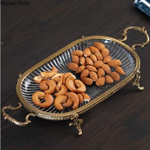 Light Luxury Brass Glass Fruit Tray Coffee Table Sugar Tray Long Storage Tray Tray Living Room Home Decoration Accessories