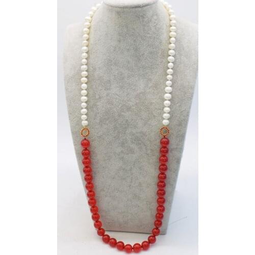 Freshwater pearl near round 8-9mm and red jades 12mm necklace nature FPPJ wholesale beads 32inch