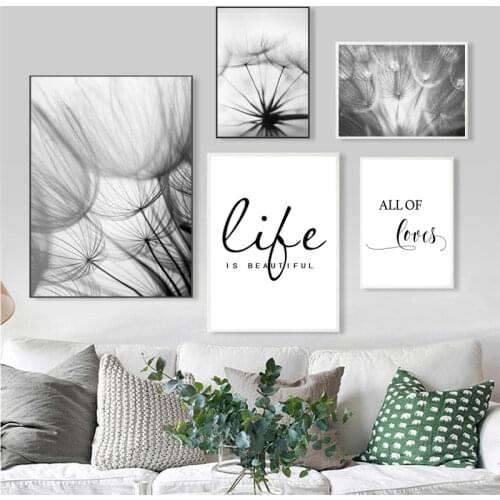 Simple Black and White Dandelion Letters Wall Art Canvas Painting Nordic Posters and Prints Wall Pictures for Living Home Decor