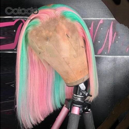 Pink Green Highlight Short Wig Remy Pre Plucked Lace Front Human Hair Wigs Brazilian Ombre Purple Bob Wig with Baby Hair COLODO