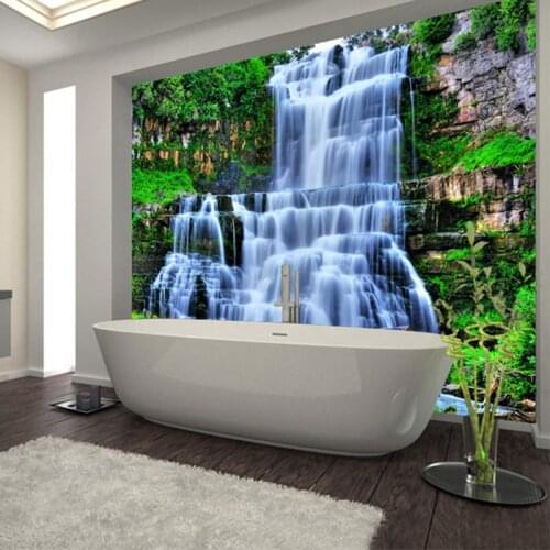 Custom Self-adhesive Bathroom Mural Wallpaper 3D Cliff Waterfall Wall Sticker PVC Waterproof Fresco Papel De Parede 3D Paisagem