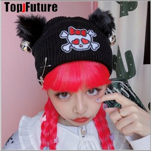Harajuku Gothic Skull Black Beanie Hats Cute bell Cat Ears Bells Fashion Design Women Girls Winter Warm Knitted Caps Streetwear