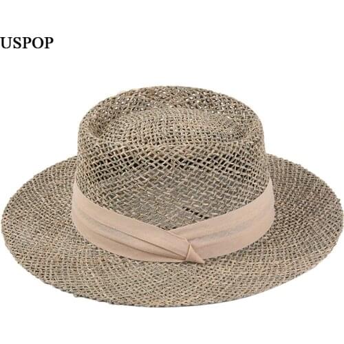 USPOP 2020 New women summer hats natural seaweed sun hats breathable wide brim beach hats female ribbon straw hats