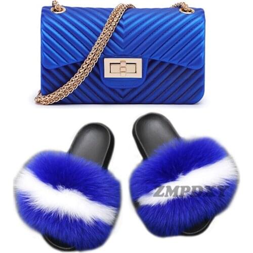 Women Fox Fur Slides Solid Color Chain Crossbody Jelly Bags Cute Fluffy Plush Fuzzy Slippers Ladies Party Jelly Purse Sandals