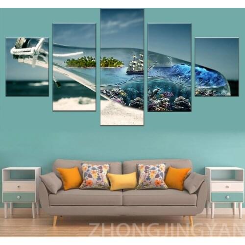 Modern Abstract HD Printed Landscape Picture 5 Panel Drift Bottle Canvas Painting Wall Art Home Decor Framework For Living Room