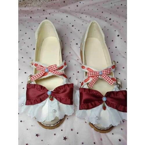 Japanese sweet lolita shoes vintage cute strawberry lace princess kawaii shoes round head low heel women shoes loli cosplay