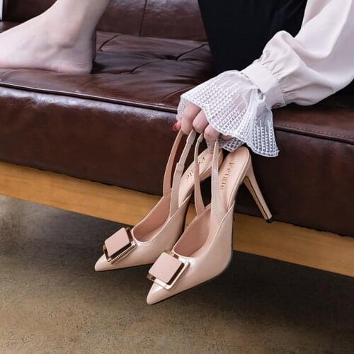 Spring new pointed patent leather square buckle stiletto heel shoes large size small size banquet dress female sandals 31-44