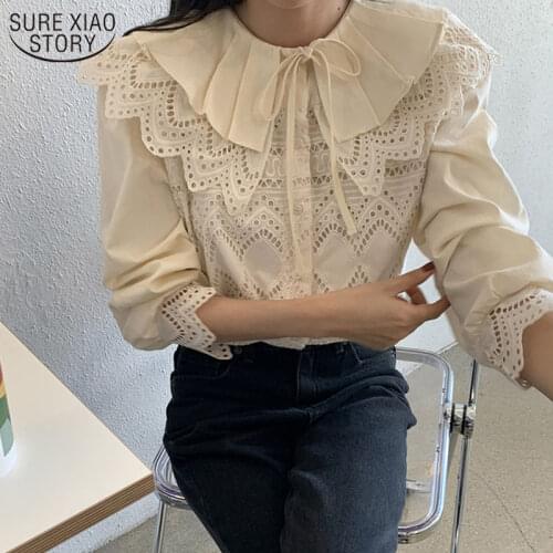 2021 Spring Hollow Out Tops Lace Blouse Vintage Long Sleeve Shirt Women Sweet Korean Embroidery Doll Collar Bow Blouses 12717