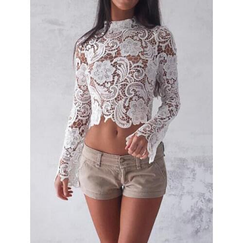 New Fashion Women Summer Top Long Sleeve Blouse Casual Tank Tops Sexy Lace Floral High Neck Zipper Short Shirt
