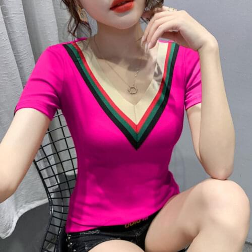 2021 summer new v-neck color matching simple short sleeve T-shirt womens fashion slim shirt top