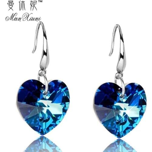2020 Austria Crystal Silver Plated Earrings Blue Heart of Ocean Shaped Earring for Birthday Gift for Women pendientes mujer moda