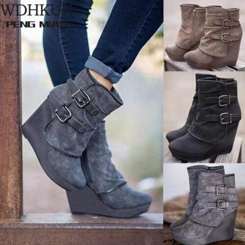 Fashion Ankle Boots for Women Suede Wedges Zipper Solid Color Short Booties Round Toe Shoes Boots-women Dropshipping 2020