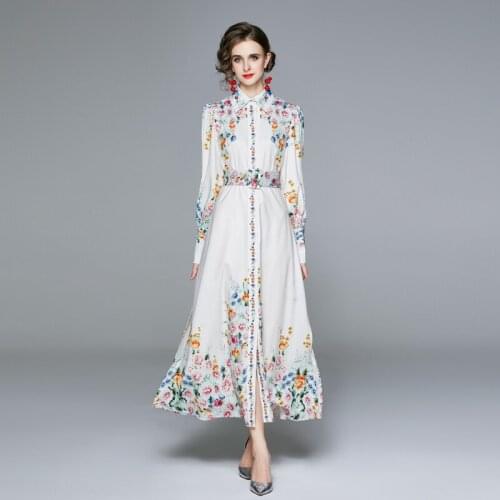 Designer Runway Spring Bohemian Maxi Dress Womens Long Sleeve Single Breasted Vintage Floral Print Elegant Long Dress With Belt