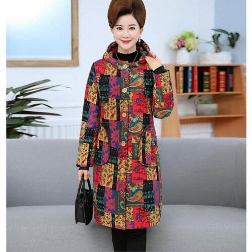 Mother Loaded Cotton Coat Winter Jacket Large Size Loose Printed Cotton Coat Long Hooded Plus Velvet Thick Warm Parkers Overcoat