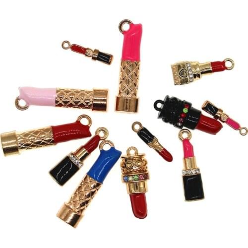 10pcs/lot Rhinestone Lady Lipstick Enamel Colorful Girl Lipstick Charms Fit DIY Bracelet Necklace Jewelry DIY Craft Finding