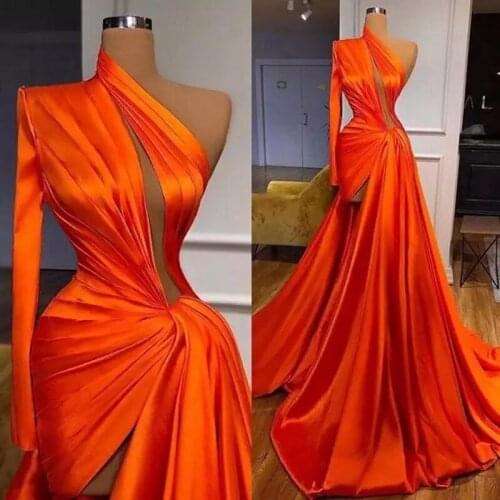 2021Sexy Prom Dresses Red One Shoulder High Slit Pleats Long Sleeve Evening Dress Party Gowns L4203