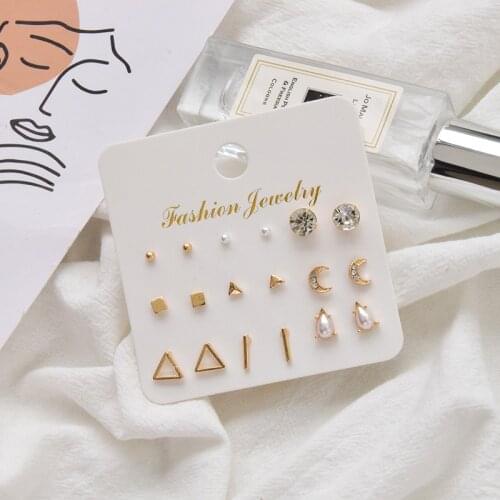 9 Pairs Of New Set European And American Simple Diamond-Studded Triangle Moon Geometric Earrings Combination
