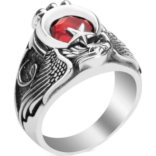 925 Sterling Silver Vintage Red Zircon Crescent Star Motif Ring Eagle Men Ring Handcarved Men Ring Claw Style Jewelery