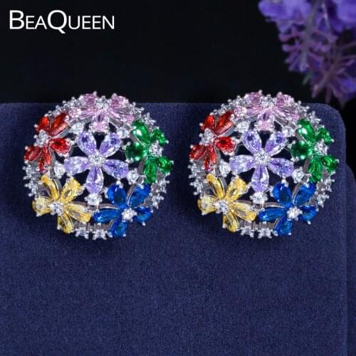 BeaQueen Brilliant Colorful CZ Hollow Out Half Ball Big Round Stud Earrings Multicolor Cubic Zircon Flower Boho Jewelry E135