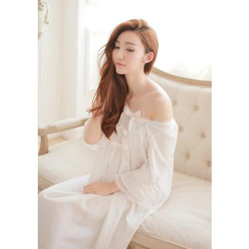 Free Shipping Ladies Silk Princess Nightgown Long White Womens Sleepwear Cotton pijamas femininos