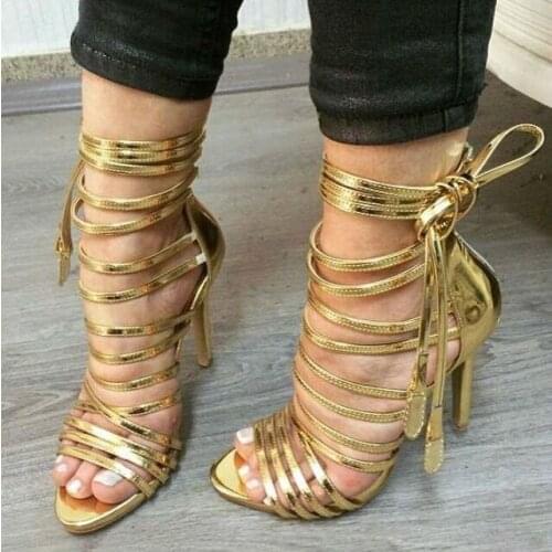 Summer Gold Ankle Strap Women Sandals High Heel Lace-up Strappy Gladiator Sandals Boots Women Size 10 Drop Ship